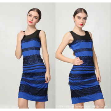 2016 Sommermode langes Kleid blau mit schwarzer Spitze Frauen Kleid